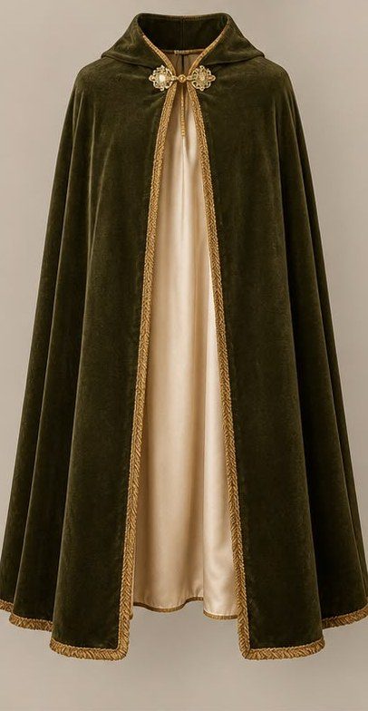 Olive velvet hooded cape with gold trim and a jewelled clasp